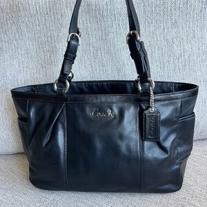 Coach Black Leather Tote with Baby Blue Interior